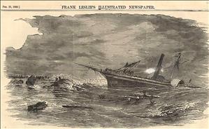 Drawing or print of a steamship on the rocks in the sea